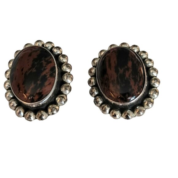 Sterling 925 Mexico Mahogany Obsidian Oval Clip On Earrings K49 - Picture 3 of 9